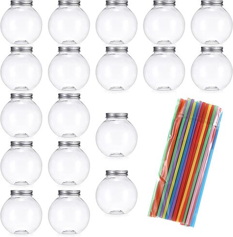 Plastic Fish Bowls for Drink, 18 Packs Ball Shape Clear Drink Bowl with Lid and Straws 16.9 oz Spherical Fish Bowls Cups for Juices Smoothies Candy Party Decorations in Saudi Arabia