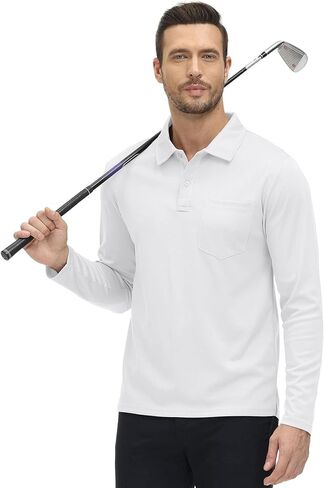 Rdruko Men's Polo with Pocket Long Sleeve Quick Dry Outdoor Golf Pullover Collared T-Shirt in Kuwait
