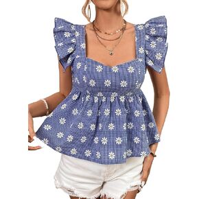 MakeMeChic Women's Casual Plaid Shirt Floral Ruffle Trim Cap Sleeve Peplum Blouse Tops