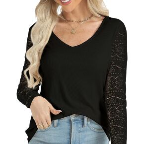 Cakulo Tops for Women Trendy Fashion 2024 Lace Long Sleeve V Neck Ribbed Shirts Business Casual Dressy Blouses