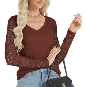 Cakulo Tops for Women Trendy Fashion 2024 Lace Long Sleeve V Neck Ribbed Shirts Business Casual Dressy Blouses