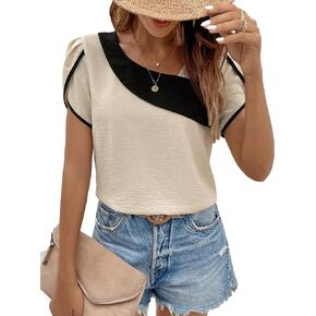 COZYEASE Women's Asymmetrical Neck Petal Sleeve Button Detail Blouse Top Casual Solid Summer Blouse Shirt Top