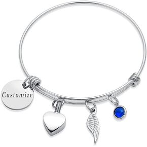 AIWENXI Cremation Bracelet Expandable Bangle with Birthstone and Angel Wings Charm Urn Bracelet for Women Men Heart Locket Bracelet for Ashes