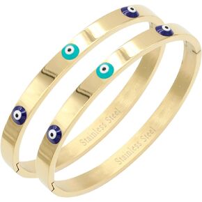 Lavencious 6 mm Width Stainless Steel Evil Eye Bangle Polished Finish Oval Shape 7 Inches Bracelet 2 Pieces Set