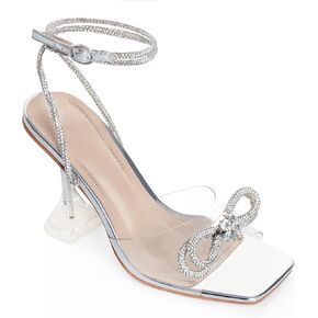 صنادل نسائية بكعب من CASALANDER صنادل ذات كعب كريستالي وعقدة مزدوجة وكعب شفاف وكعب مربع وأصابع القدم لحفلات الزفاف والمواعدة in Kuwait