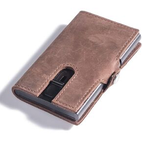 TriLea Minimalist Men's Brown Leather RFID Bifold Wallet | Metal Pop Up Card Case RFID Blocking Credit Card Holder | Slim Credit Card Wallet, with Coin Pocket (Leather Brown), Tl-02