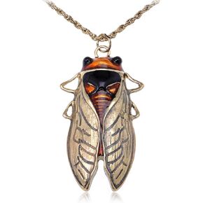 Alilang Big Antique Golden Tone Orange Amber Vintage Insect Cicada Beetle Bug Chain Pendant Necklace