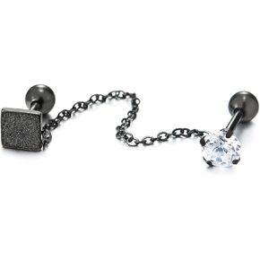 1pc Mens Womens Black Steel Double Stud Earrings with Chain Satin Square and Solitaire CZ Screw Back