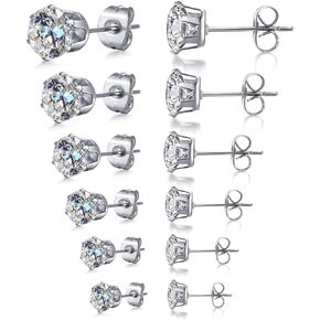 6 Pair Stainless Steel Mens Womens Stud Earrings Set Clear White Round Cubic Zirconia Inlaid Pierced Hypoallergenic 3-8mm(12PCS,6 Pairs)