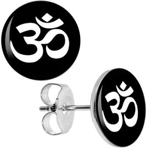 DianaL Boutique 316L Stainless Steel Om Ohm Aum Symbol Earrings Stud Two Tone with a Gift Box Fashion Jewelry