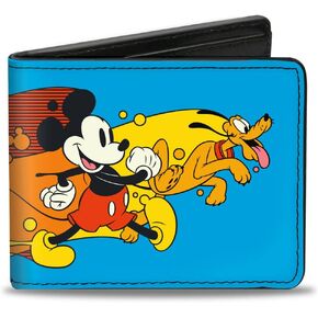 Buckle-Down Men's Disney Wallet, Bifold, Mouse and Pluto Action Wave Pose Multi Color, Vegan Leather, Mickey and Friends, 4.0" x 3.5"
