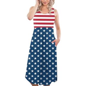 Spadehill 4th of July Women American Flag Sleeveless Dress with Pockets