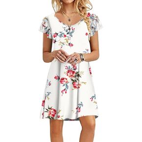 Leafsay Women's 2023 Summer V Neck Mini Dresses Casual Petal Short Sleeve Flowy Dress with Pockets