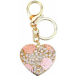 Reizteko Rose Heart Keychain Sparkling Flower Keyring Crystal Rhinestones Purse Pendant Handbag Charm (Pink)