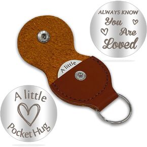 Pocket Hug Token Long Distance Relationship Keepsake Stainless Steel Double Sided Inspirational Gift with PU Leather Keychain - A little Pocket Hug Always Know You Are Loved