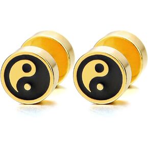 Mens Womens Gold Black Yin-yang Stud Earrings, Steel Illusion Tunnel Cheater Fake Ear Plugs Gauges