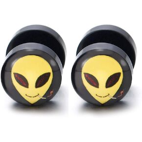 Mens Womens Yellow Smoking Alien Black Circle Stud Earrings, Steel Cheater Fake Ear Plugs Gauges