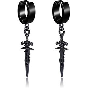 Black Retro Punk Sword Dangle Drop Huggie Small Hoop Earrings for Men Women Kpop Hypoallergenic Stainless Steel Hanging Drop Cool Boys Hip Hop Fashion Personalized Best Friends Birthday 9mm