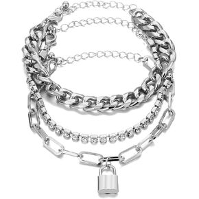 GANGYUN 3 قطع / مجموعة متعددة الطبقات الشرير قفل قفل مفتاح سلسلة مكتنزة مجموعات سوار للنساء قابل للتعديل مشبك ورق التنس Strckable الإسورة سوار معصمه مجوهرات in Kuwait