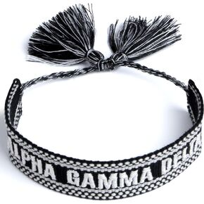 Sorority Shop Alpha Gamma Delta Bracelet — Woven Bracelet, Black and White Design with AGD Sorority Name and Tassels, Greek Sorority Jewelry and Big Little Sorority Gifts