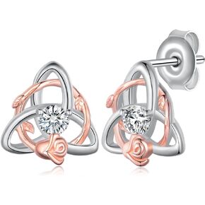 Daixiya Celtic Knot Earrings 925 Sterling Silver Celtic Knot Rose Stud Earrings Good Luck Irish Triquetra Triangle Knot Jewelry Gifts for Women Girls