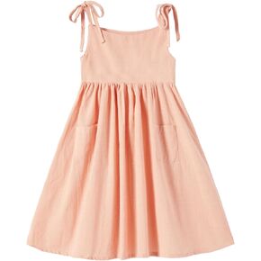 Rysly Girls Cotton-Linen Sleeveless Dress with Shoulder Straps and Pockets Toddler Girls Sundress