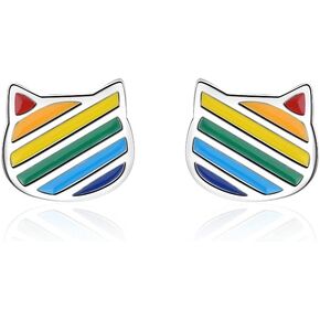 Cute Rainbow Kitty Cat Tiny Stud Earrings for Women Teen Girls Cartilage Tragus Sensitive Ear White Gold Plated Lovely Animal Hypoallergenic Piercing Post Dainty Gifts for Birthday Daughter Granddaughter