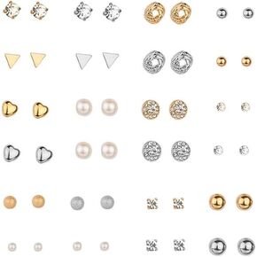 24 Pairs Earrings Set Geometric Elements Imitation Pearl Crystal Minimalism Stainless Steel Stud Earrings Set Gold Silver Color Cute Earring Jewelry Gifts for Girls Kids Women