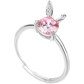 Cute Rabbit Bunny Open Stacking Ring 925 Sterling Silver Cubic Zirconia Pink Crystal Animal Adjustable Statement Thin Tail Finger Band Promise Wedding Rings Dainty Easter Jewelry for Women Teen Girls Bride