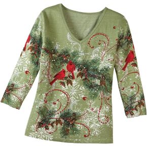 Collections Etc Women's Winter Snowflake Pine Top SAGE Green Large