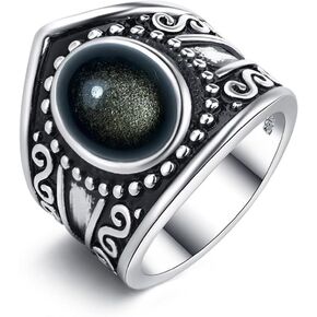 HAIXIAN Natural Black Obsidian Wide Band Ring,Retro S925 Sterling Silver Statement Thumb Index Chunky Band Ring,Cocktail Party Bohemian Ring Jewelry for Women