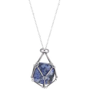 Nature Stone Interchangeable Crystal Necklace with Stainless Steel Crystal Necklace Holder-Crystal Holder Necklace Crystal Pendant Necklace for Women Men Crystal Cage Necklace Jewelry