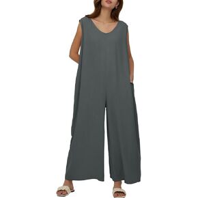 جمبسوت نسائي صيفي غير رسمي من DEEP SELF بدون أكمام ورقبة على شكل V وأرجل واسعة وطويلة فضفاضة مع جيوب in Kuwait