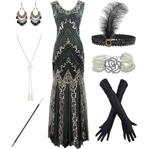 Women's 1920s Sequin Mermaid Hem Maxi Long Formal Ball Gown Costume Set