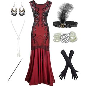 Women's 1920s Sequin Mermaid Hem Maxi Long Formal Ball Gown Costume Set
