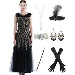 Women's 1920s Sequin Mermaid Hem Maxi Long Formal Ball Gown Costume Set