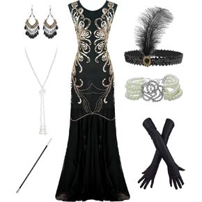 Women's 1920s Sequin Mermaid Hem Maxi Long Formal Ball Gown Costume Set in Kuwait