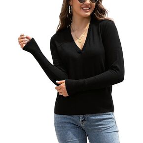 Rocorose Women's V-Neck Long Sleeve Pullover Sweater Lightweight Basic Knit Jumper Tops