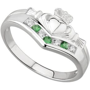 Claddagh Rings For Women Green Gem & Cubic Zirconia Wishbone Band Made in Ireland Irish Claddagh Ring Crafted By Maker-Partner Solvar in Co. Dublin, Ireland