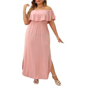 Nemidor Women's Upper Flounce Layer Off Shoulder Plus Size Slit Maxi Dress NEM200