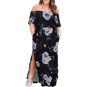 Nemidor Women's Upper Flounce Layer Off Shoulder Plus Size Slit Maxi Dress NEM200