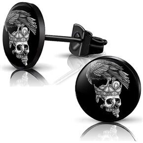YCL&TXL Stainless Steel Stud Earrings Black Round Skull Rock Earrings Set for Women Men 10mm