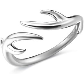 925 Sterling Silver Women Deer Reindeer Antler Ring Adjustable Gift