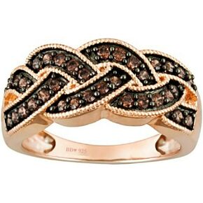 BRANDY DIAMONDORABLES♥ 18K Rose Gold Silver Chocolate Brown Lovely Dazzling Braided Ring 1.20 Ctw.