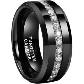8mm Silver/Black/Gold Tungsten Rings for Men Women Couple Eternity Anniversary Engagement Wedding Bands Fashion Jewelry CZ Stone Inlay Beveled Polished Shiny Comfort Fit