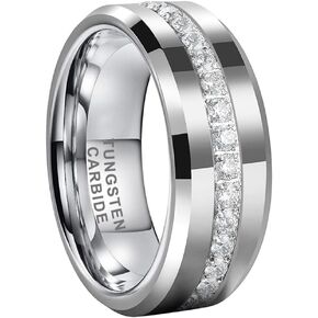 8mm Silver/Black/Gold Tungsten Rings for Men Women Couple Eternity Anniversary Engagement Wedding Bands Fashion Jewelry CZ Stone Inlay Beveled Polished Shiny Comfort Fit