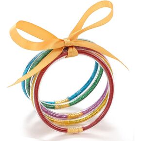Colorful Glitter Jelly Bangles Multi Rainbow Silicone Bangle Bracelets Sparkly Filled Bracelet Set for Women and Girl