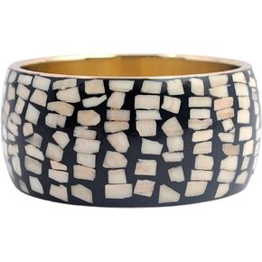 Pure Hands Pristine Chips – Bold Organic Bone Bangle with Mosaic Design in Winter White in Black Base Fixed Over Tarnish Resistant Polished Brass Liner for Women