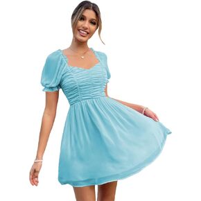MakeMeChic Women's Puff Sleeve Sweetheart Ruched A Line Swing Short Dress