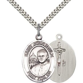 Sterling Silver St. John Paul II Pendant with 24" Stainless Steel Heavy Curb Chain.